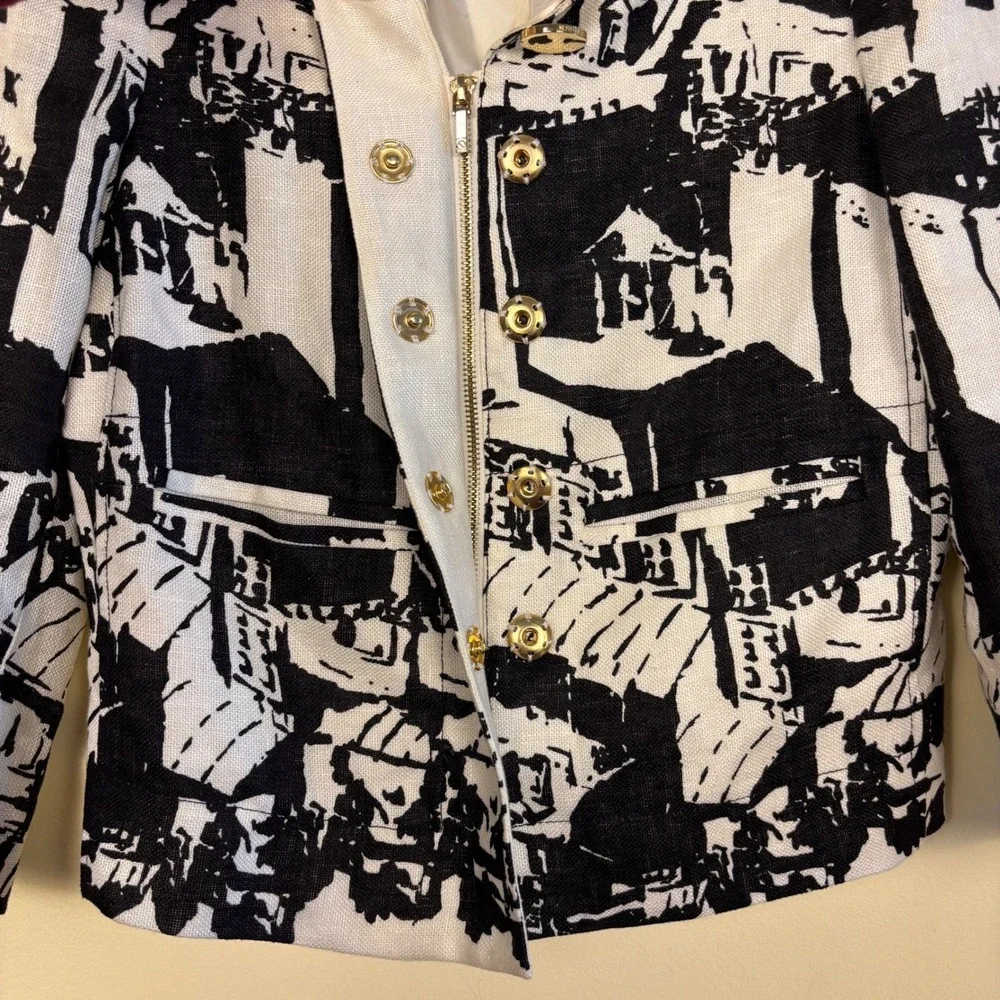 TORY BURCH‎ 100% Linen Jacquard Jacket Black/White Women Size 2 Front Zip Casual